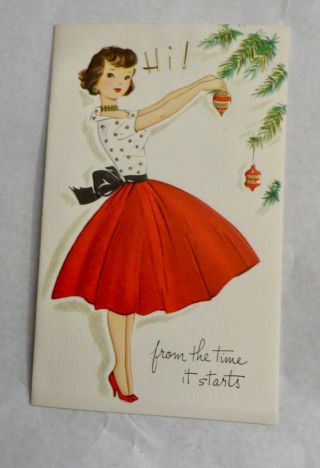Vintage Pretty Lady Christmas Card High Heels Red Skirt Mcm