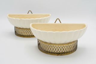 Vintage Hanging Wall Pocket Planters - Ivory White And (gold) Metal
