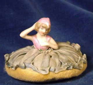 Vintage Powder Puff Half Doll Flapper Porcelain Handmade Skirt 2 In Germany