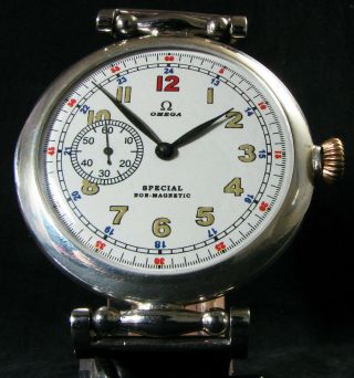 Omega Special Antique 1915 Wwi Era Big Pilot Sterling Silver Wristwatch