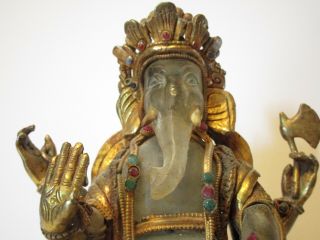 Antique Brass Yellow Bronze Sculpture Iconic Vintage Ganesh Elephant God Stones