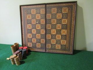 Vintage Backgammon Chess Checkers Board Set Unique Wood Paper Design