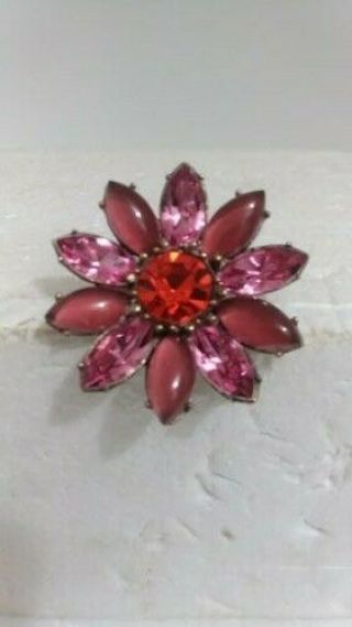 Vintage Pink And Red Swarovski Crystal Flower Brooch Pin