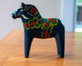 Vintage Blue Swedish Dala Horse,  Hand Carved And Painted 6 "