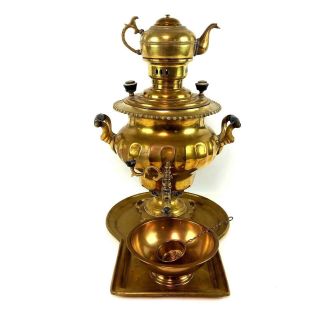 Antique Russian Brass Samovar Hot Water Urn With Accessories