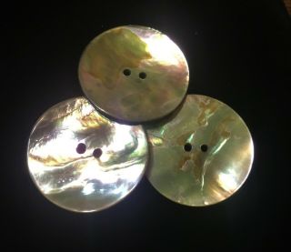 3 Large Shiny Abalone Shell / Mother Of Pearl Round Two - Hole Vintage Buttons