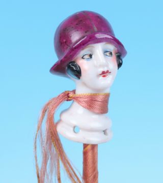 Antique German Art Deco Porcelain Flapper Lady Half Doll Head Powder Puff Wand