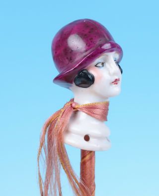 Antique German Art Deco Porcelain Flapper Lady Half Doll Head Powder Puff Wand 3