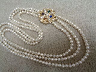Vintage 34 In Multi 3 Stand Faux Pearl Glass Rhinestone Beaded Setting Necklace