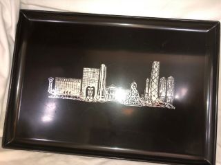 Vintage Couroc Tray Wood Inlaid City Of Chicago Black White Silver 18” X 12 1/4”