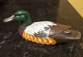 Vintage Hand Carved & Painted Solid Wood Mallard Duck Decoy Glass Eyes 11 " Long