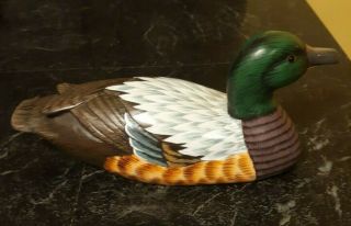 Vintage Hand Carved & Painted Solid Wood Mallard Duck Decoy Glass Eyes 11 