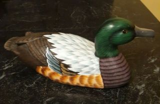 Vintage Hand Carved & Painted Solid Wood Mallard Duck Decoy Glass Eyes 11 