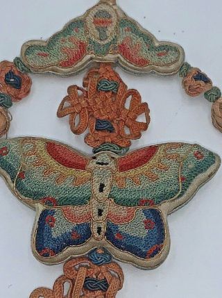 Antique Chinese Embroidered Forbidden Stitch Figural Belt Fob With Frame Rare