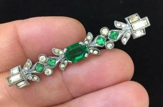 Vintage Jewellery Art Deco Emerald Green And Clear Baguette Crystal Brooch 2