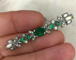 Vintage Jewellery Art Deco Emerald Green And Clear Baguette Crystal Brooch 3