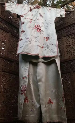 Floral Art Deco 20’s Republic Era Embroidered Jacket Pants Qipao Cheongsam