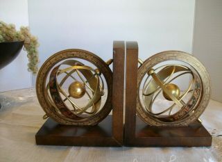 Vintage Wood Brass Bookends Rotating Astrology Globe Made In Italy