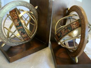 Vintage Wood Brass Bookends Rotating Astrology Globe Made in Italy 2
