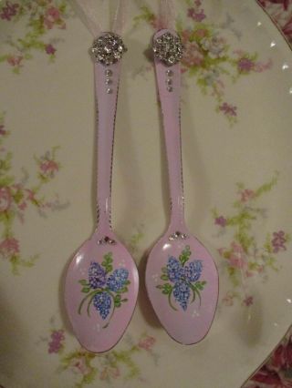 Shabby Chic Hand Painted Roses - Set Of Two Vintage Jeweled Spoons - Pink
