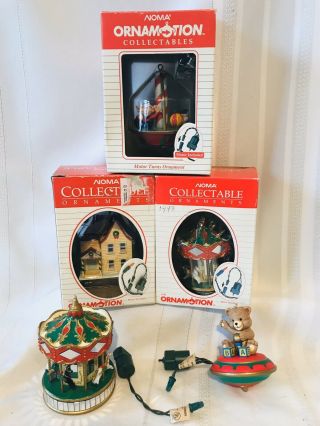 5 Vintage Noma Ornamotion Ornaments 2 Carousels Merry Go Round Elf House Bear