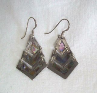 Vtg Mexico Silver Abalone Inlay Dangle Earrings Articulated Chevron