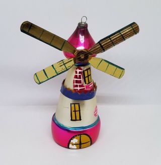 Vintage De Carlini Blown Glass Windmill Painted Christmas Ornament 4 1/2 "