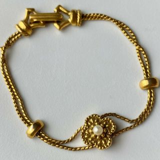 Signed Goldette Vintage Brass Gold Tone Flower Pearl Bracelet 78