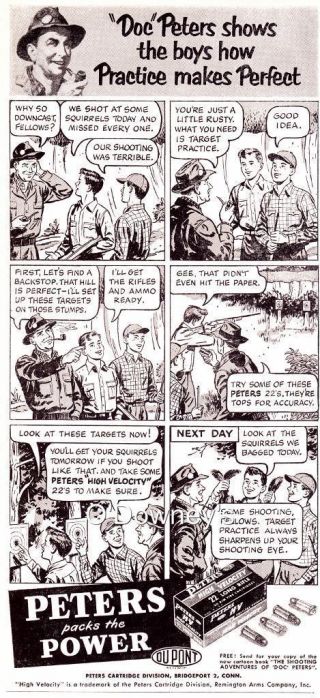 1958 Vintage Ad Peters Ammo.  22 Caliber Target Shooters Comic Vintage Cabin Art