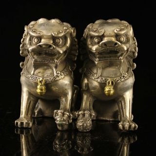 China Tibet Silver Gold Drawing Hand Sculpture Pair Lion Statue