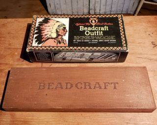 2 Vintage Boy Scout Indian Beadcraft Looms Beads Wooden Box Kits & Samples