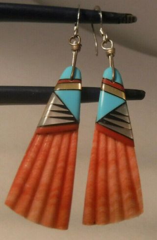 Vintage Zuni Indian Sterling Silver Inlaid Shell Onyx Turquoise Dangle Earrings