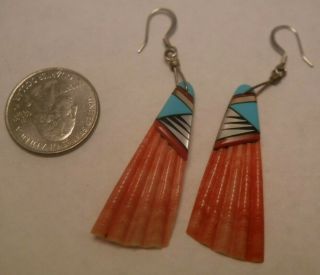 Vintage Zuni Indian Sterling Silver Inlaid Shell Onyx Turquoise Dangle Earrings 2