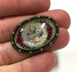 Lovely Vintage Very Old Mop Hand Painted Flowers Brooch Pin Gold Tone Dd273e