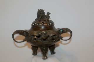 Antique Chinese Bronze Incense Burner,  Foo Dog Lid,  And Elephant Handles
