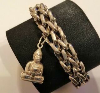 Heavy Vintage Sterling Silver Bracelet With Seated Buddah Charm - 41.  7 Gms