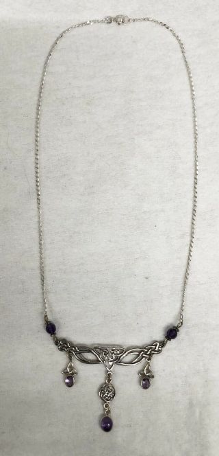 Vintage Sterling Silver Amethyst Celtic Knot Necklace 19” Long