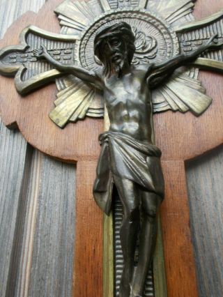 Antique Art Nouveau Crucifix Wall | Bronze,  Brass,  Wood Jesus Christ 16 "