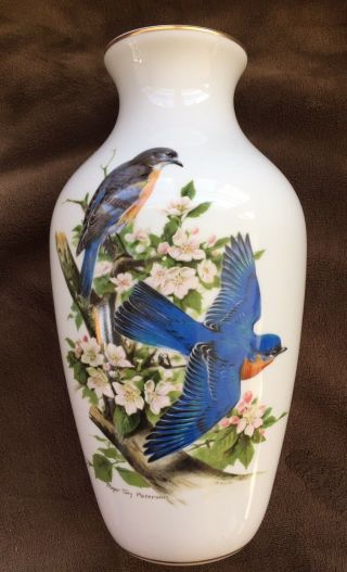Vintage Danbury Bluebirds Porcelain Vase By Roger Tory Peterson,  12 " High