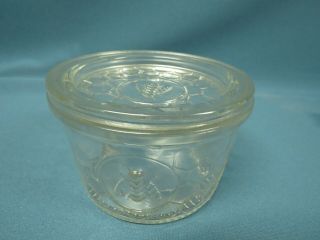 Vintage Clear Glass Honey Jar With Glass Lid Bumble Bee & Honeycomb Pattern