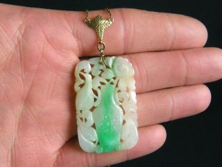 Fine Old Chinese 14k Gold & White Apple Green Jade Jadeite Necklace Pendant