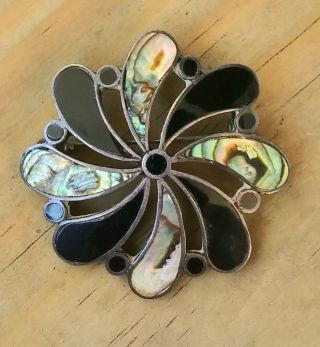 Vintage Mexico Sterling Silver Abalone & Onyx Inlay Pinwheel Flower Pin Pendant