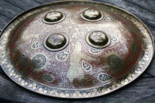 Antique Indo - Persian Dhal Shield Exquisitely Engraved & With Red & Black Enamel