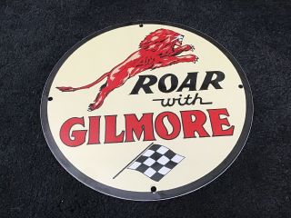 Vintage Gilmore Porcelain Sign Gas Oil Pump Plate Service Station Lion Head Sign