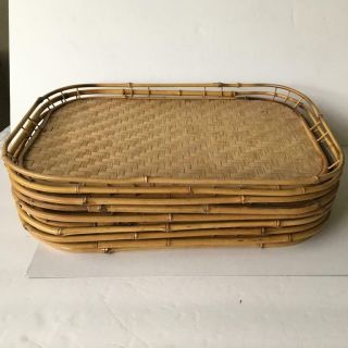 8 Vintage Bamboo Woven Rattan Wicker Lap Tiki Bar Serving Trays 19 X 13