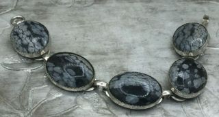 Vintage Style Bracelet Snowflake Obsidian Gemstone Cabochon Silvertone Panel