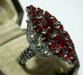 Vintage Czech Filigree Art Deco Jewellery Rich Ruby Red Rhinestone Cuff Ring
