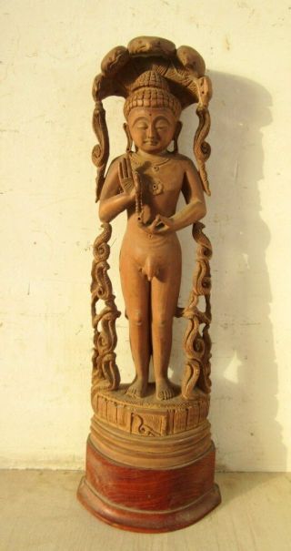 Antique Old Hand Carved Wooden Hindu Jain God Mahaveer Budda Nude Figure Statue