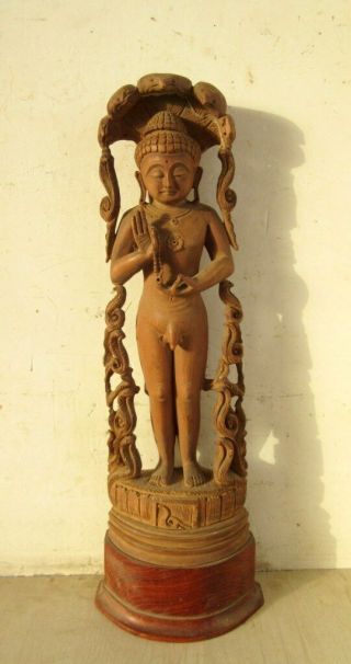 Antique Old Hand Carved Wooden Hindu Jain God Mahaveer Budda Nude Figure Statue 2