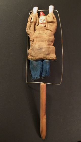 Antique 19th Century Folk Art Wood Hand Toy Clown Trapeze Puppet Marionette